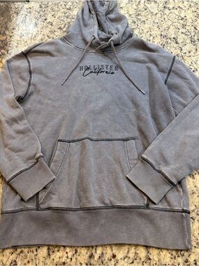 Hollister Men's Washed Gray/Blue Logo Hoodie